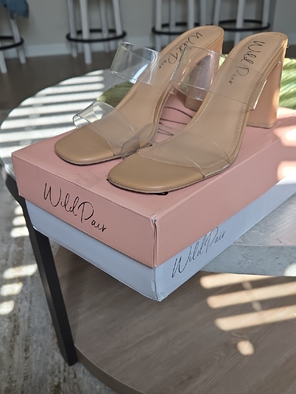 Wild Pair Beige Clear Strap Block Heel Mules